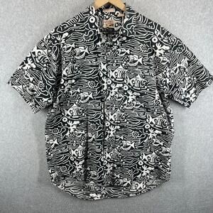 Vintage 90s The Fox Black White Abstract Fish Waves Skater Surfer Shirt Large